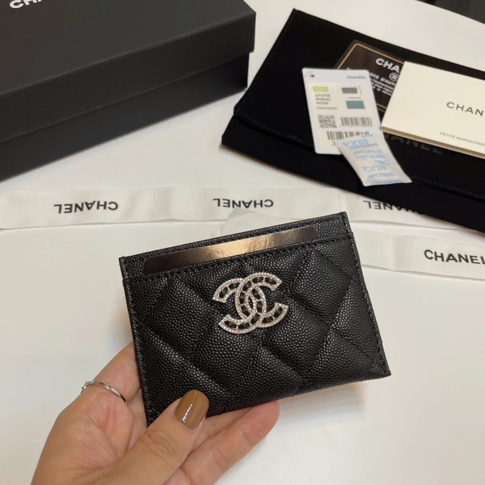 CHANEL Black Quilted Card Holder with Silver Logo